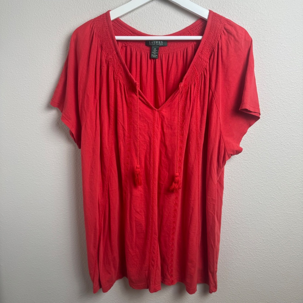 Lauren Ralph Lauren Peasant Blouse 3X Relaxed Red Cotton Tassel Smocked Top Boho